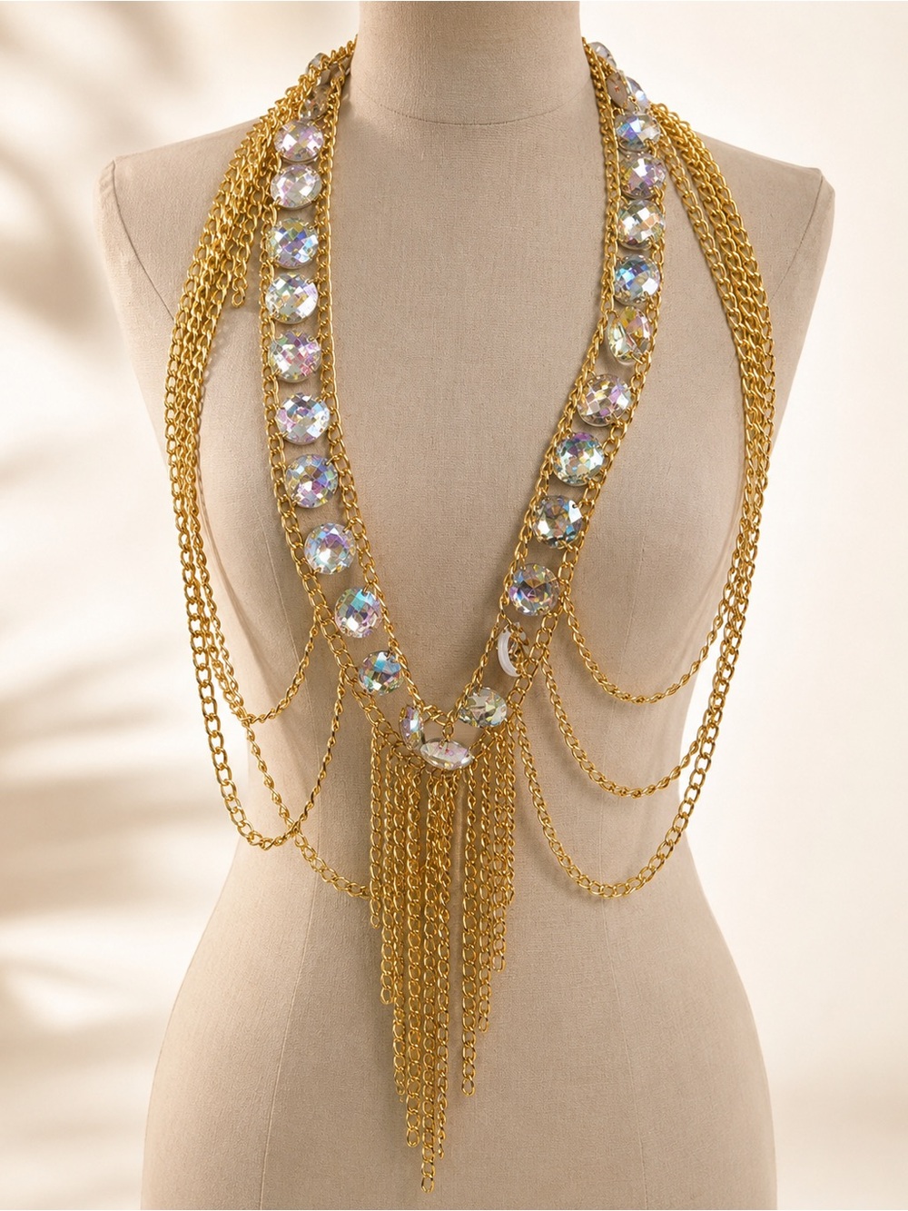 New Vintage Connie Clovis Gold Tone AB Crystal Body Chain Necklace